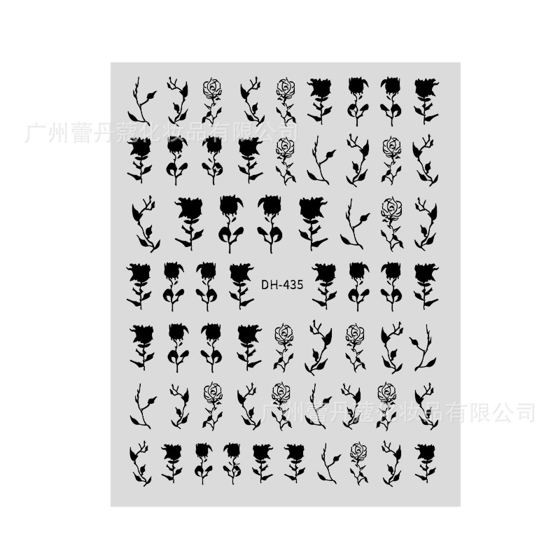 Pegatinas de uñas de celebridades en línea transparente blanco pequeña flor fresca pintada a mano Flor de cinco pétalos rosa blanca y negra con pegatinas de uñas adhesivas