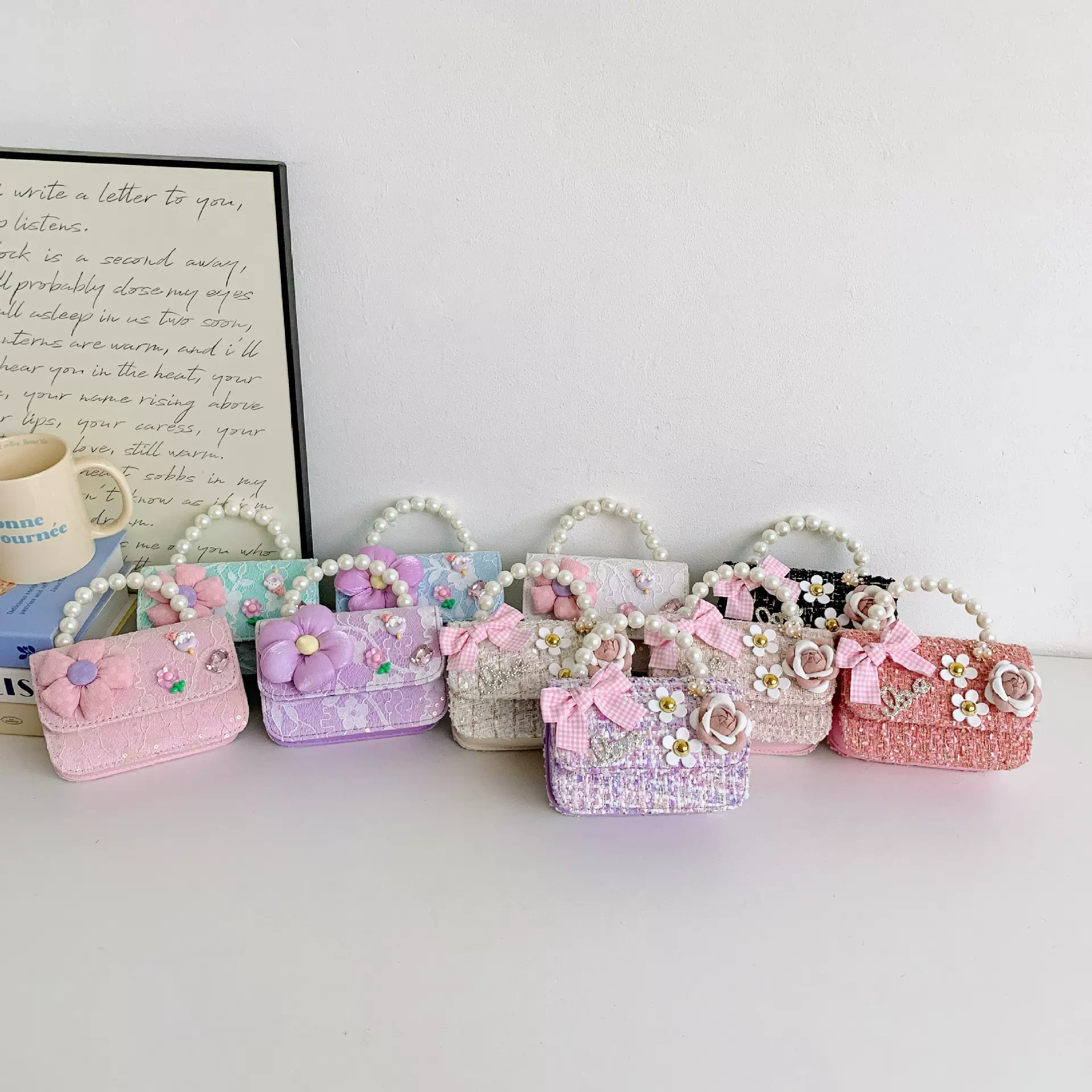 新款跨境韩版蝴蝶结儿童包小香风山茶花单肩包珍珠手提百搭斜挎包