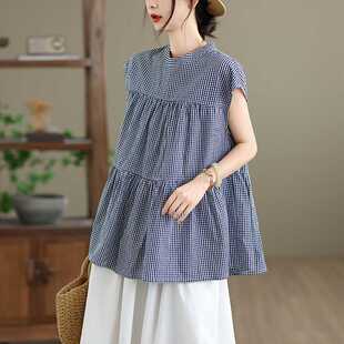 Real Shot of Pure Cotton Blue and White Plaid Shirt for Women in Summer Thin Japanese Style Casual Loose Top Round Neck Waistcoat Shirt