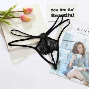 Diamond Sexy Hollow Lace Open Crotch Thong Massage Pearl Women's Underwear Thin Strap Sexy T-pants 5048