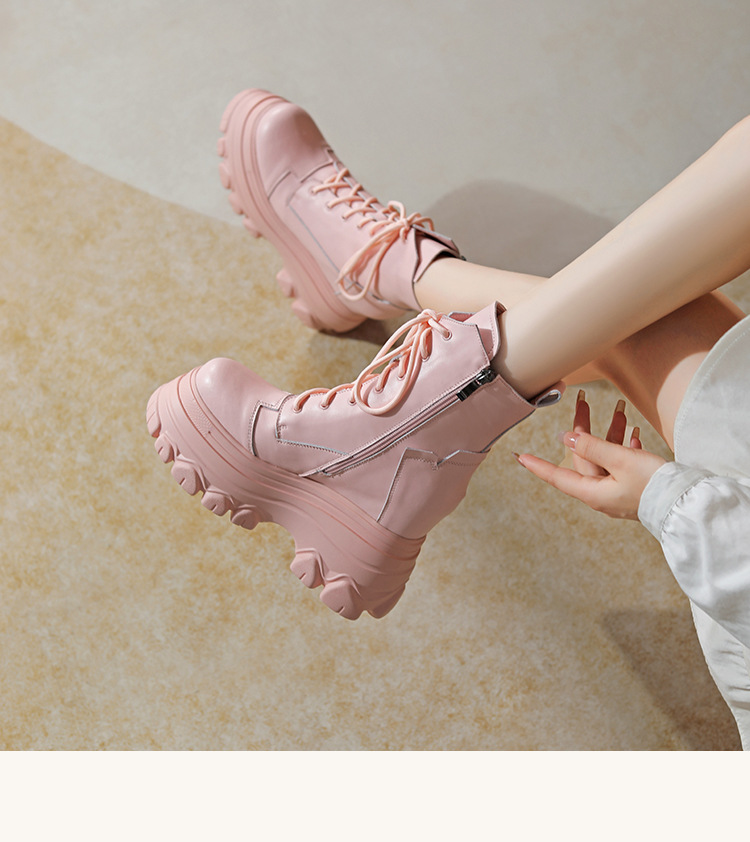 Boot nữ da thật đế dày tăng chiều cao 12 cm dây buộc cổ thấp — Đen lót nhung chi tiết 3