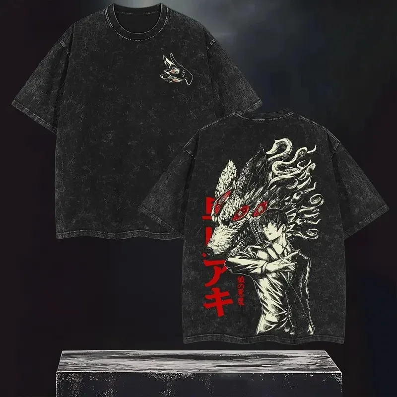 Unisex Loose-Fitting Chainsaw Style Autumn T-Shirt, Washed Trendy High-Quality Retro European Size Anime Character Hayakawa