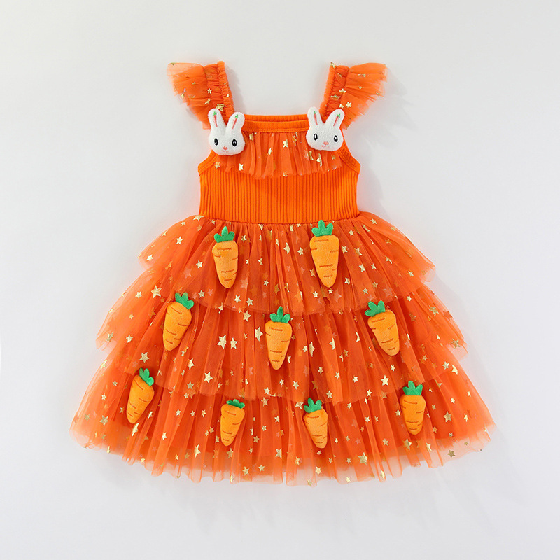 European and American Children's Easter Holiday Dress, Girls' Flutter Sleeve Dress, Rabbit Carrot Doll Tulle Dress