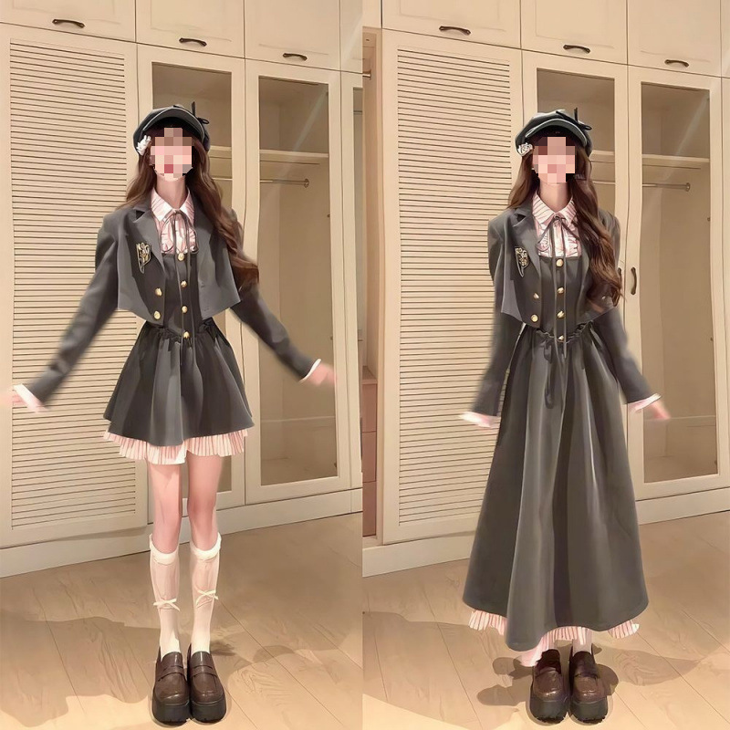 Japanese-Style Atmosphere Jk Uniform Sweet College-Style Jacket Waist-Cinching Dress Autumn Two-Piece Set