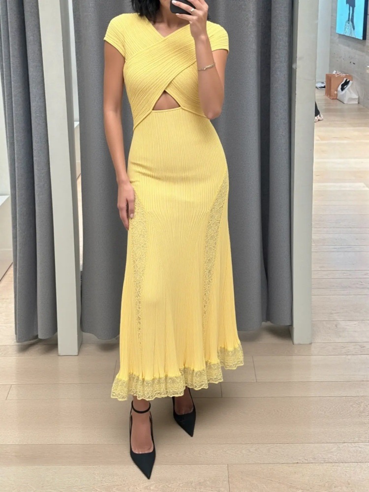 Summer New Style French Elegant Women's Sleeveless Waist-Cinching Long Dress European and American Style Elegant Lace Knitted Dress