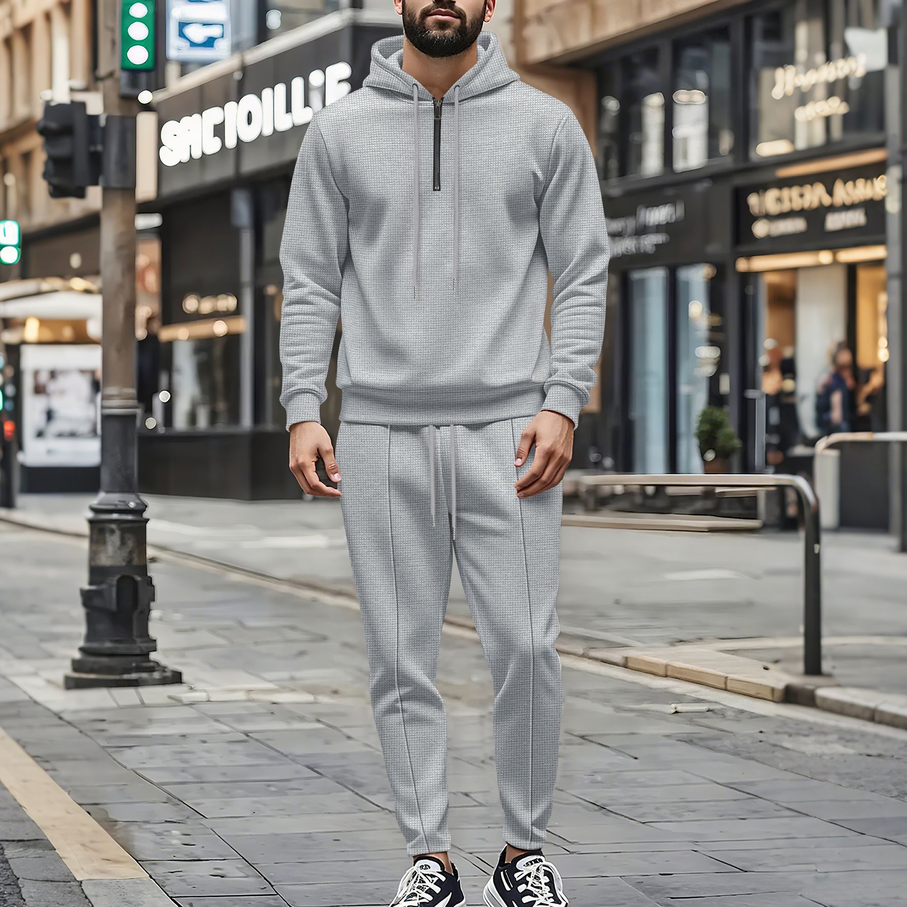 Men's Waffle-Knit Half-Zip Hoodie & Jogger Set – Breathable Lightweight Loungewear (S-XXXL, 5 Colors)_voghion.com