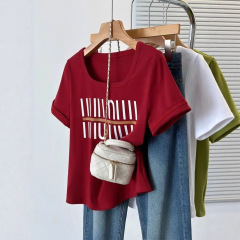 2025 新しい夏のプリント女性のアウターウェアスクエアネック右肩少し太い半袖 Tシャツ韓国スタイル痩身トップボトム