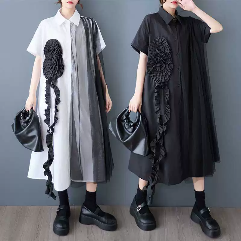 Реальный выстрел 2025 весна и лето новая корейская версия свободного размера сшивания случайный простой сладкий рубашка платье