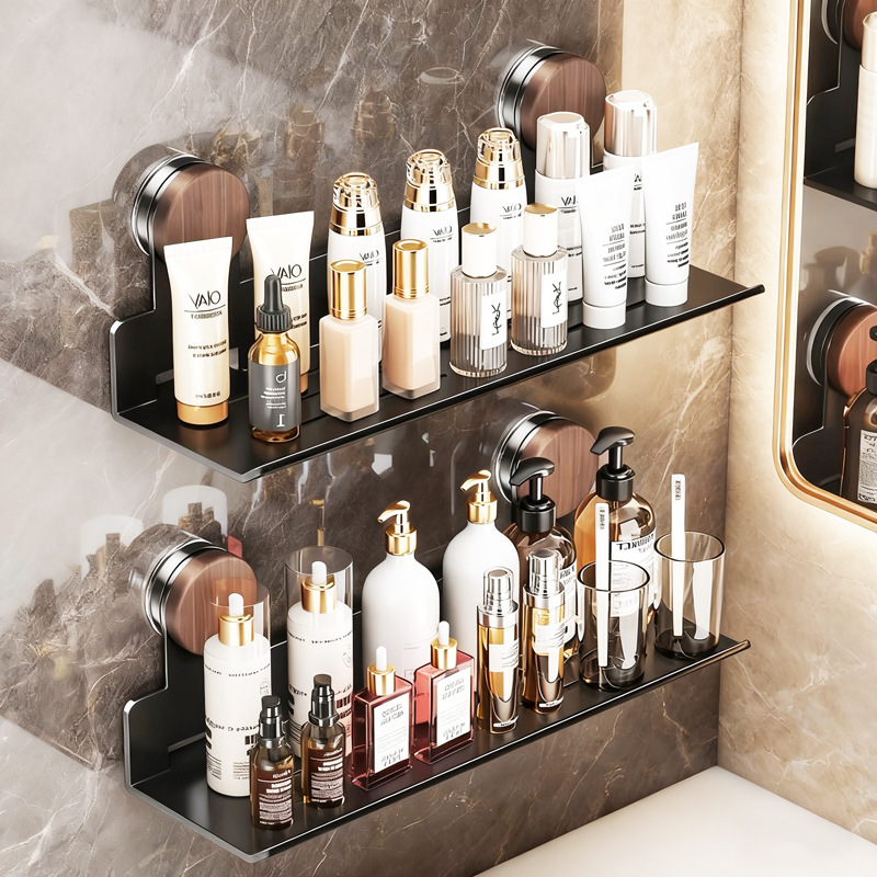 Walnut Color Suction Cup Bathroom Storage Rack Antique Style Bathroom Toilet Wash Basin Bathroom Wall Rack