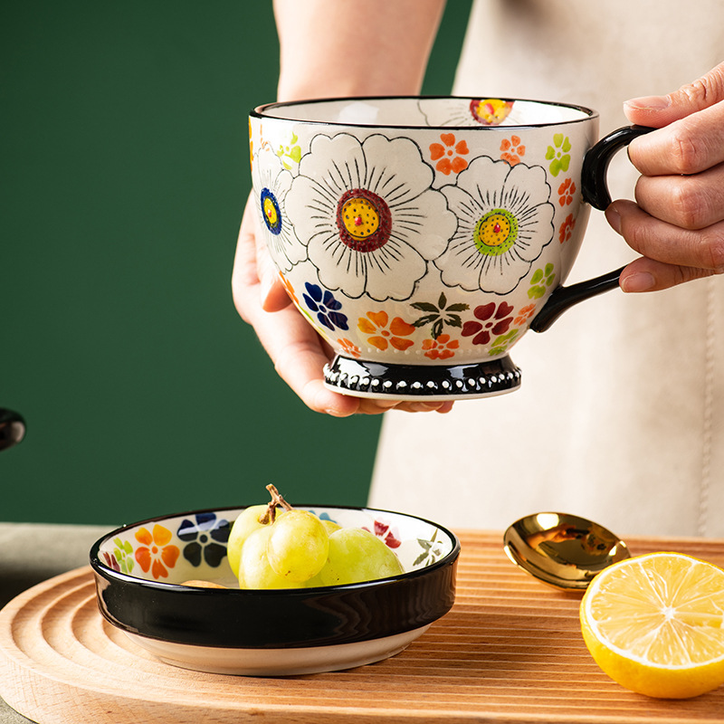 Hand-Painted Ceramic Breakfast Cup Set With Spoon (510ml) - 4 Vintage Floral Designs, Includes Nut Dish & Spoon_voghion.com