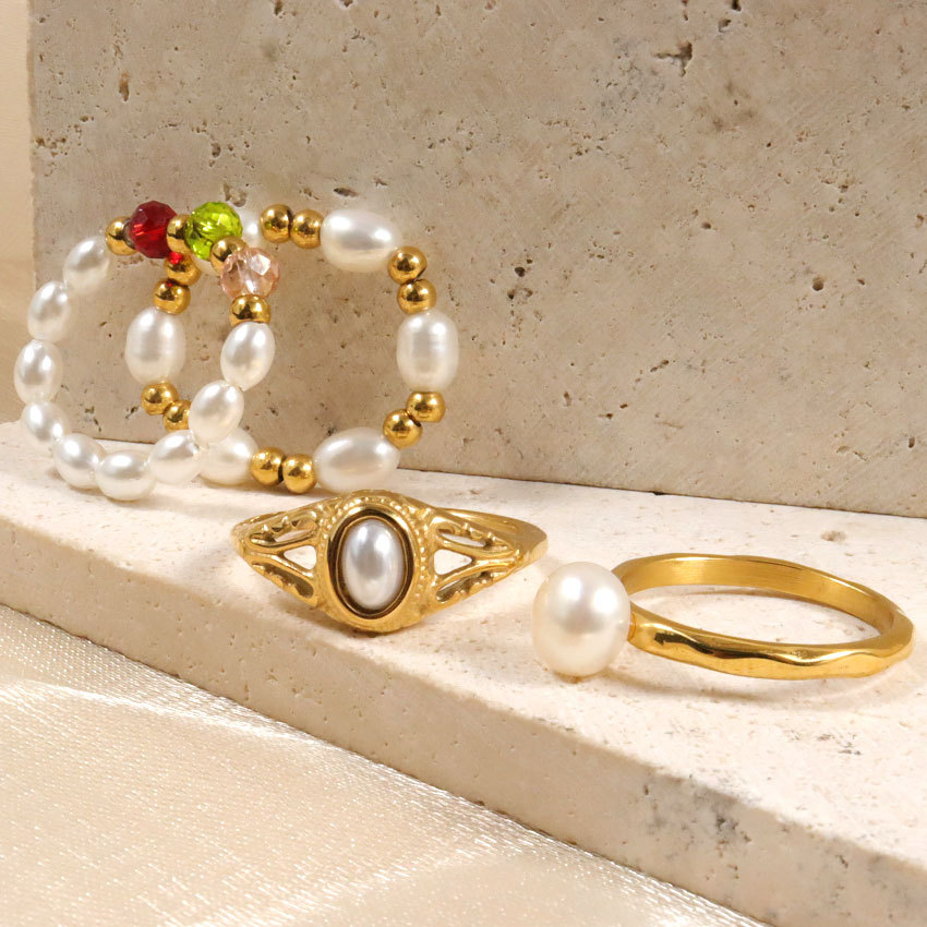 1 Piece Quantity Wholesale Jewelry Simple Style Oval 304 Stainless Steel Artificial Pearls Inlay Rings
