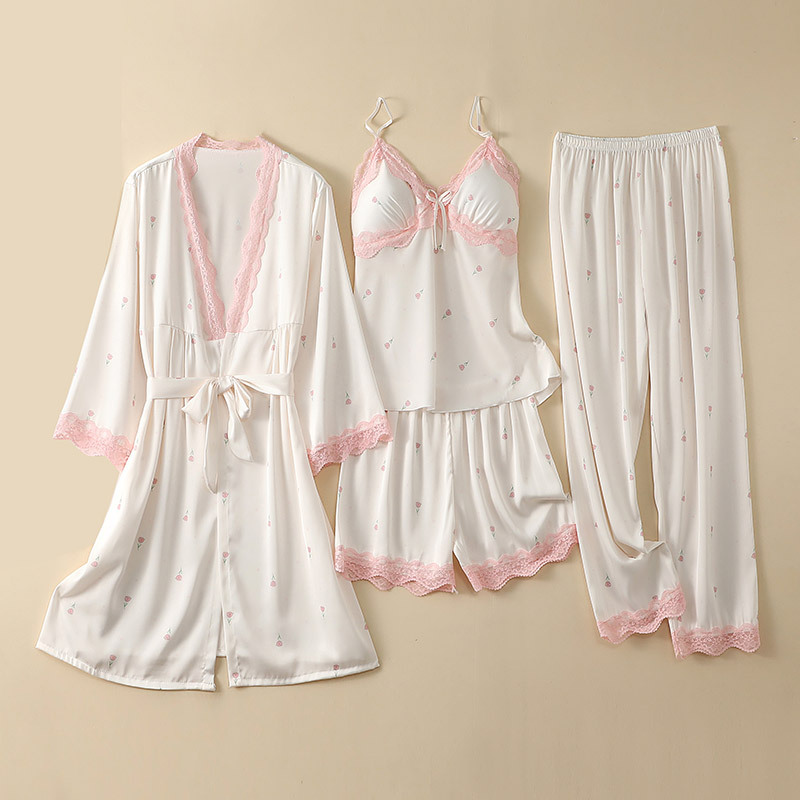 Women's Clothing Printed pajamas women summer sexy thin four piece set sexy with chest pads spring and autumn silk nightgown nightdress home clothes_voghion.com