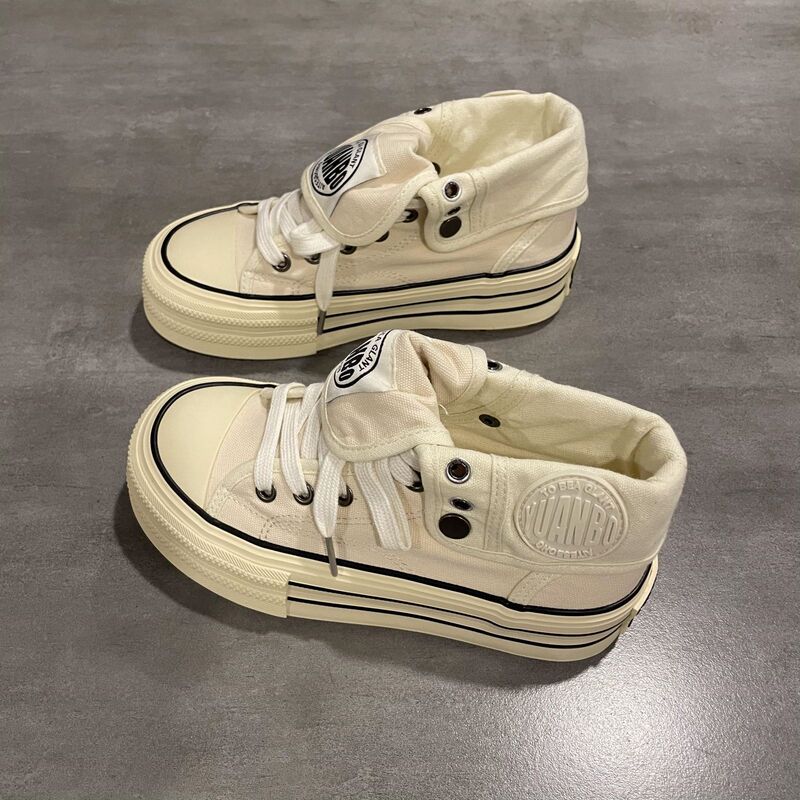 Thick-Soled Versatile High-Top Canvas Shoes for Women 2025 Spring & Fall New Japanese Style Sneakers for Small People to Increase Height Student White Shoes