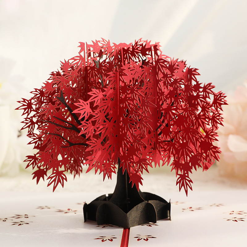 母親節立體賀卡紅楓樹紙雕創意精緻禮物鏤空生日祝福留言卡片批發