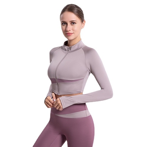 Color-blocked tight-fitting short navel-baring sports yoga jacket top for women, skin-friendly nude high-neck quick-drying outdoor fitness clothing