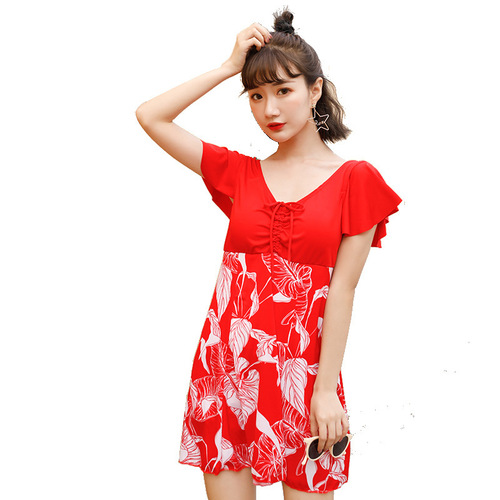 Women's Large Size Floral Print One-piece Swim Dress for a Slimming Effect, Conservative, for Plus-size MMs to Cover the Stomach and Tone the Body, Flat-bottomed Swimwear for Hot Springs, Wholesale