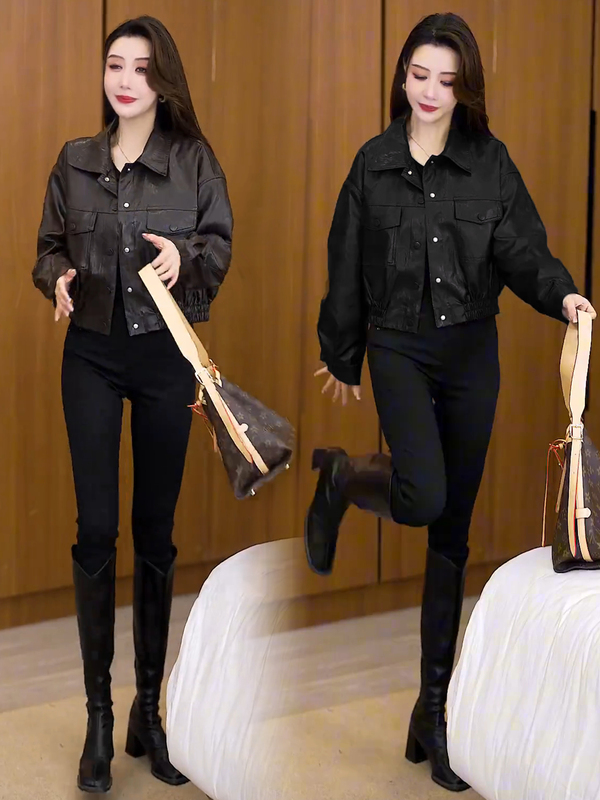 时尚复古短款皮衣外套女2025秋季新款洋气百搭皮夹克显瘦休闲上衣|undefined