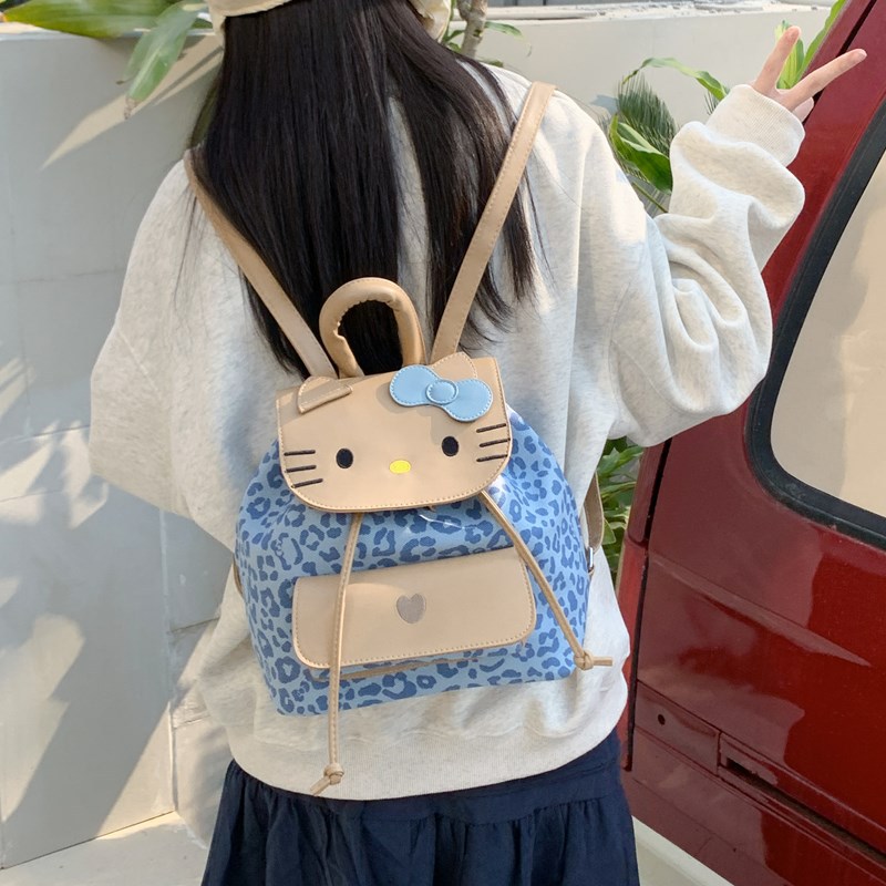 韩版休闲简约抽带翻盖女生小包包甜美豹纹猫咪双肩包卡通可爱书包