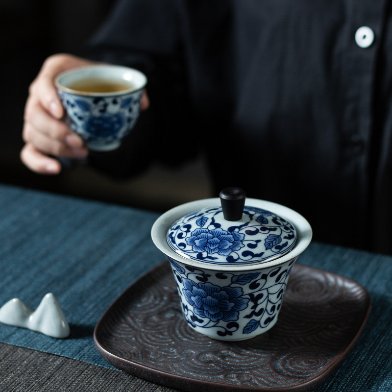 Azul y blanco cubierta de porcelana tazón pequeño conjunto hecho a mano de cerámica grande bandeja de tazón de té Kung Fu juego de té logo mano regalo Kung Fu