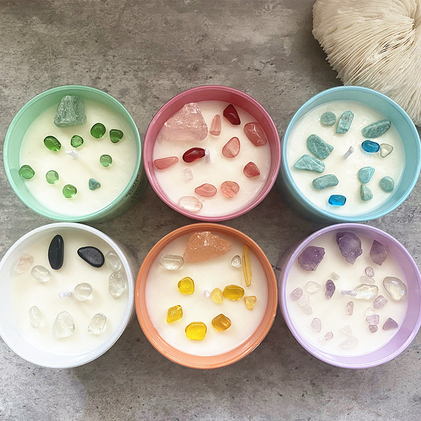 Cristal de piedra seca flor forma aromaterapia vela de soja cera ceremonia de la boda colorida vela taza caja de regalo con regalo de mano