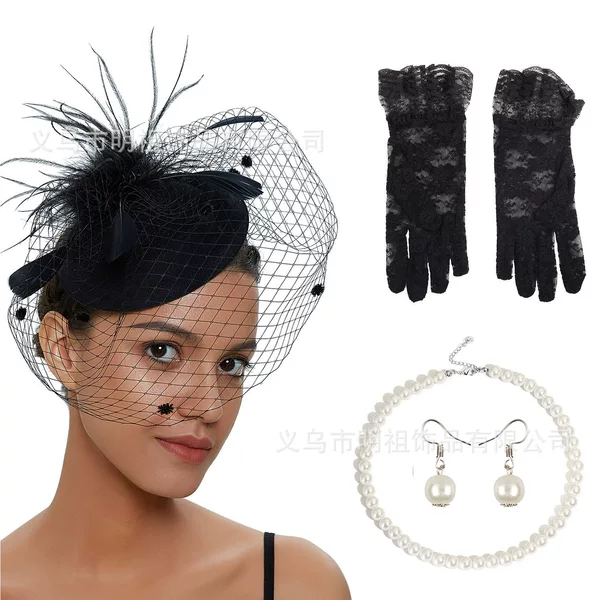 Amazon Hot Mesh Flower Lace Gloves Combination European and American Vintage Bride Photo Cover Hair Clip