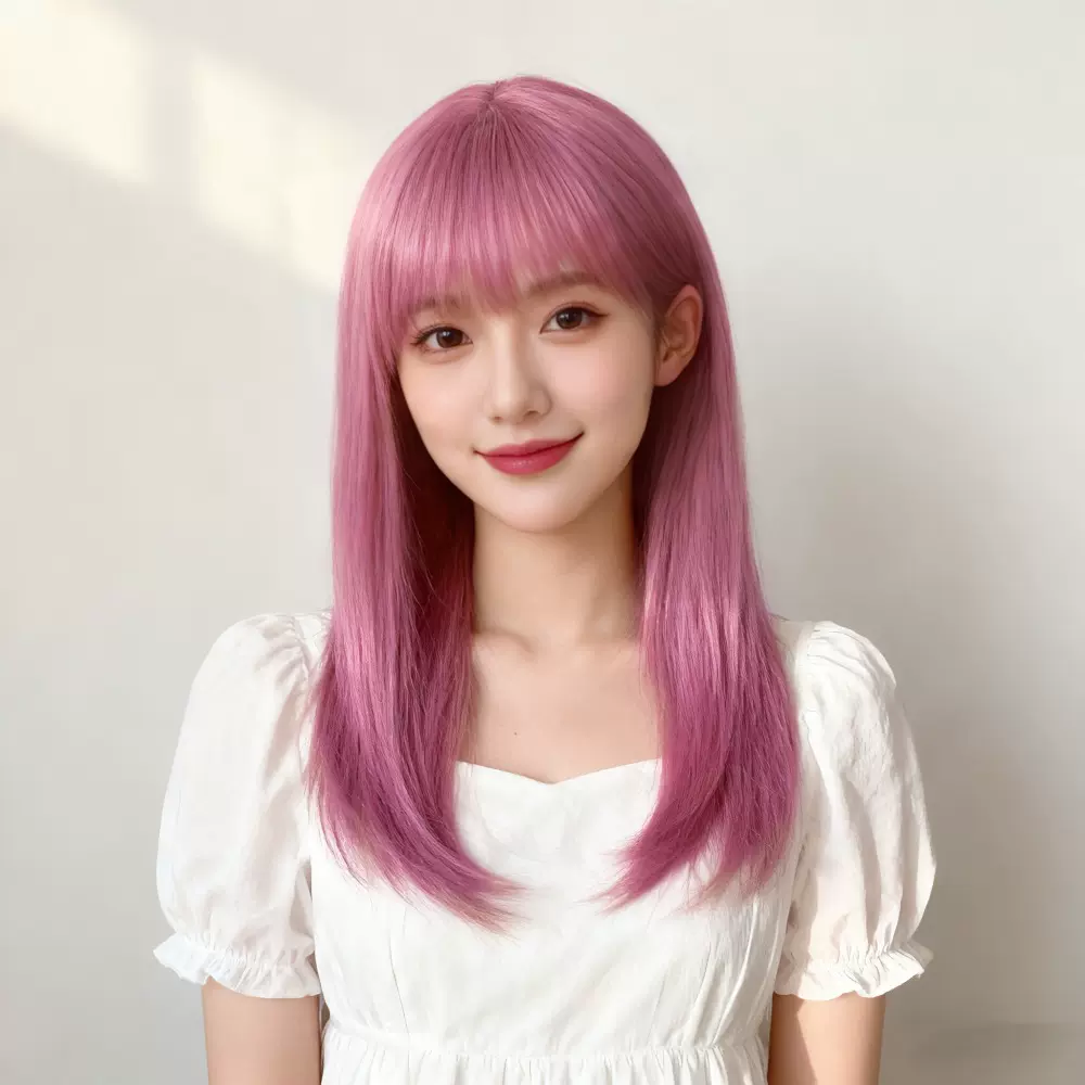 厂家批发外贸中长直发女速卖通齐刘海韩版时尚高温丝化纤假发头套