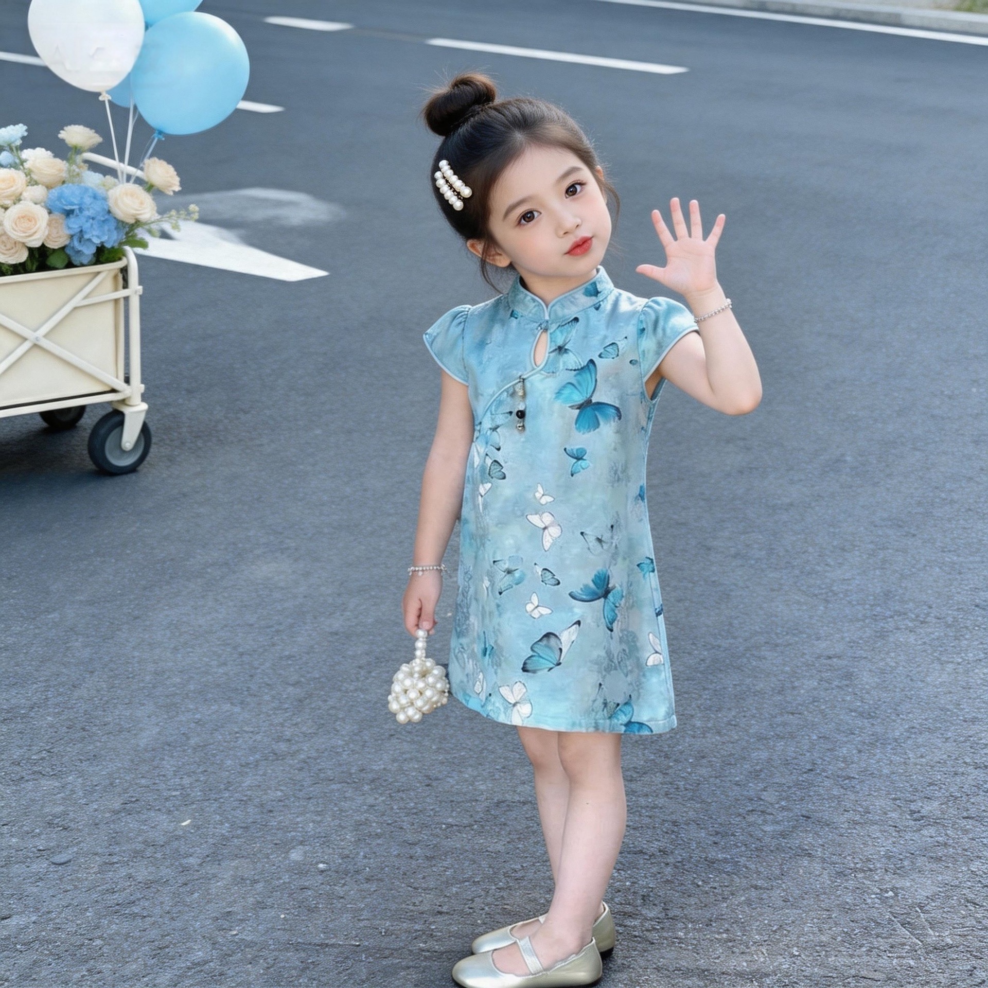 New Chinese-Style Girls' Children's Qipao 2026 Summer Thin Model, Everyday Wearable Blue Butterfly Dress Performance Outfit for Kids