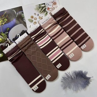 Kunao Autumn and Winter New Women's Thickened Cashmere Stocking Japanese and Korean Trendy Long Barrel brown Striped Women's Cashmere Socks
