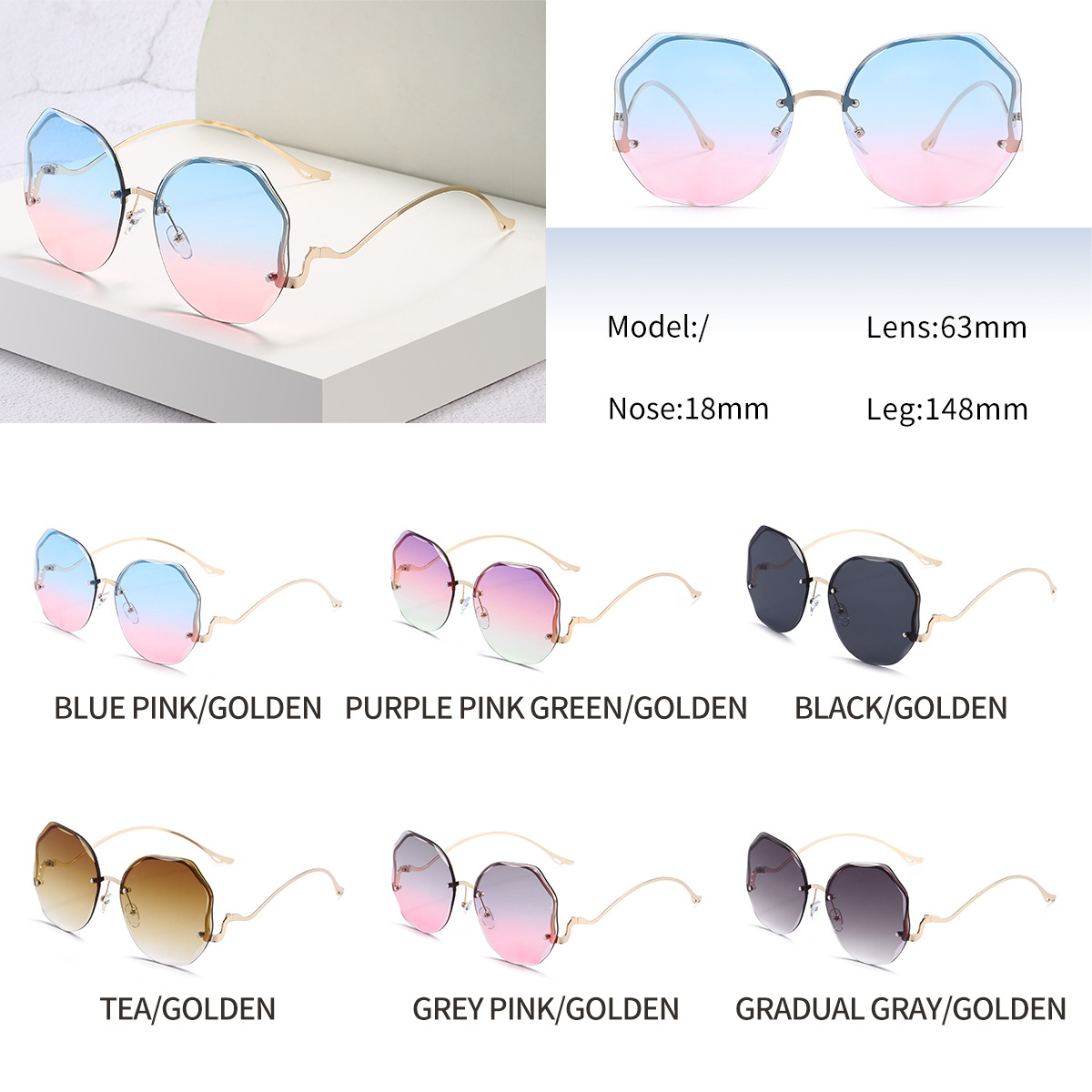 Nouvelles lunettes de soleil à bords coupés sans cadre Tendance européenne et américaine Lunettes de soleil dégradées à film océanique Lunettes de soleil à fleurs en forme de papillon_voghion.com