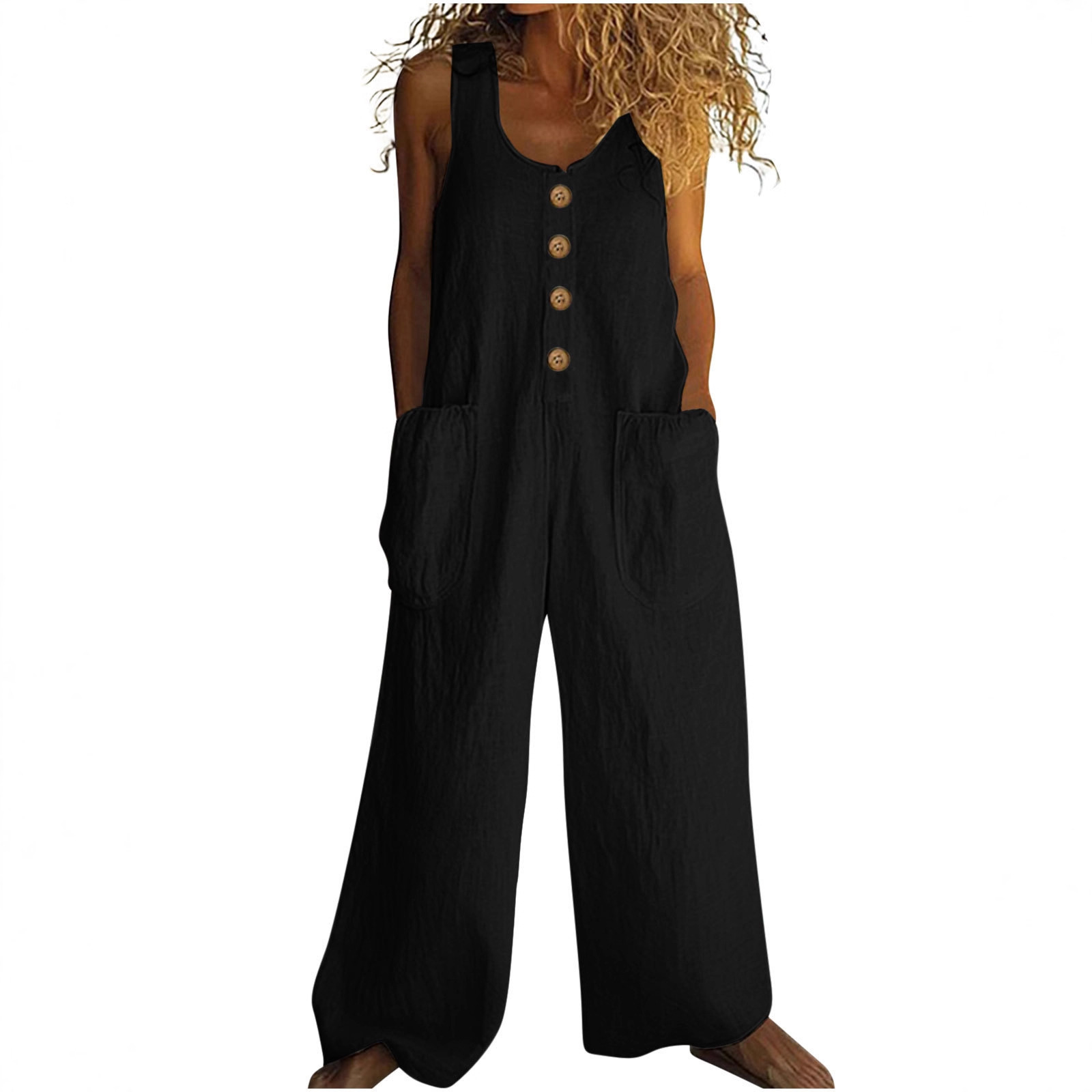2025 Women's Solid Color Vintage Summer Cotton Linen Button Pocket Comfortable Sleeveless Casual One-Piece Wide-Leg Jumpsuit