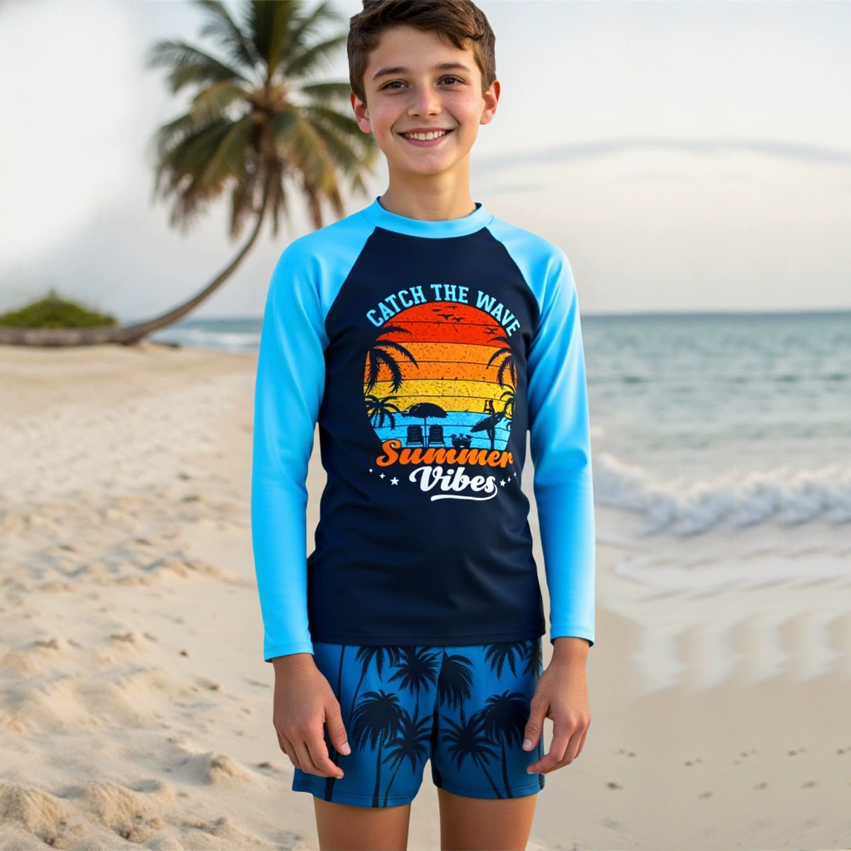 Детский купальный костюм для мальчиков с длинными рукавами и сплит купальник 2025 новый пляжный узор солнцезащитный крем быстротушный мальчик купальник летом