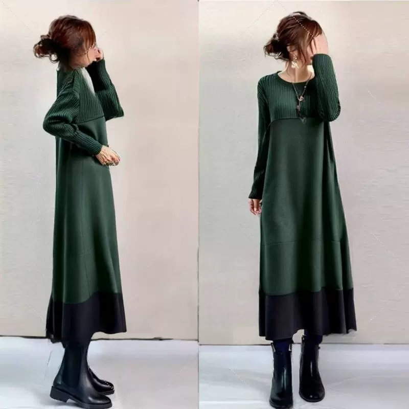 现货日系2026秋冬新款简约气质圆领长袖连衣裙