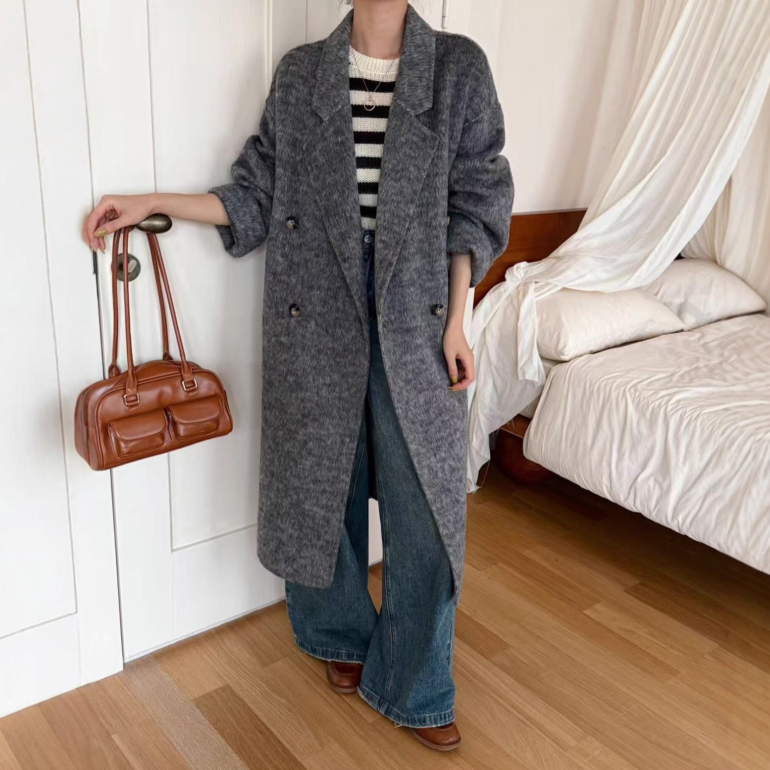 【New High-End】High-End Korean-Style Cocoon-Shaped Versatile Commuter Double-Sided Wool Coat for Women, Mid-Length Woolen Overcoat