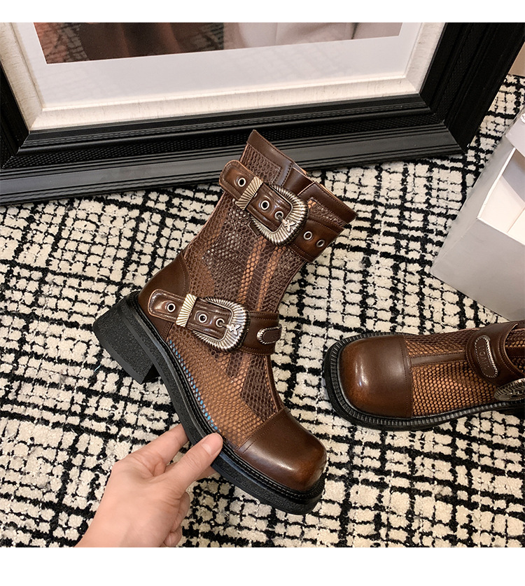 Boot nữ cổ thấp dây buộc phối khóa, đế dày platform lưới thoáng khí — màu nâu, màu đen chi tiết 25