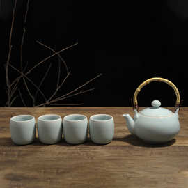 龙泉青瓷哥窑弟窑5头鼓型提梁壶凉茶壶功夫茶具套装茶具礼盒
