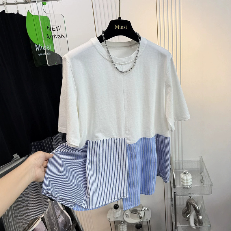 Plus Size 120kg Women's Summer Shirt with Patchwork Stripes and Irregular Hem, Youthful and Stylish Top Plus Size 120kg Women's Summer Shirt with Patchwork Stripes and Irregular Hem, Youthful and Stylish Top