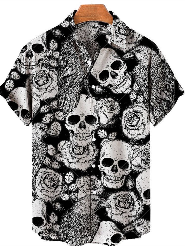 Camisa de Halloween de bala de cuatro lados de calavera digital de venta caliente para hombres con estampado transfronterizo de cuatro lados Halloween suelto casual