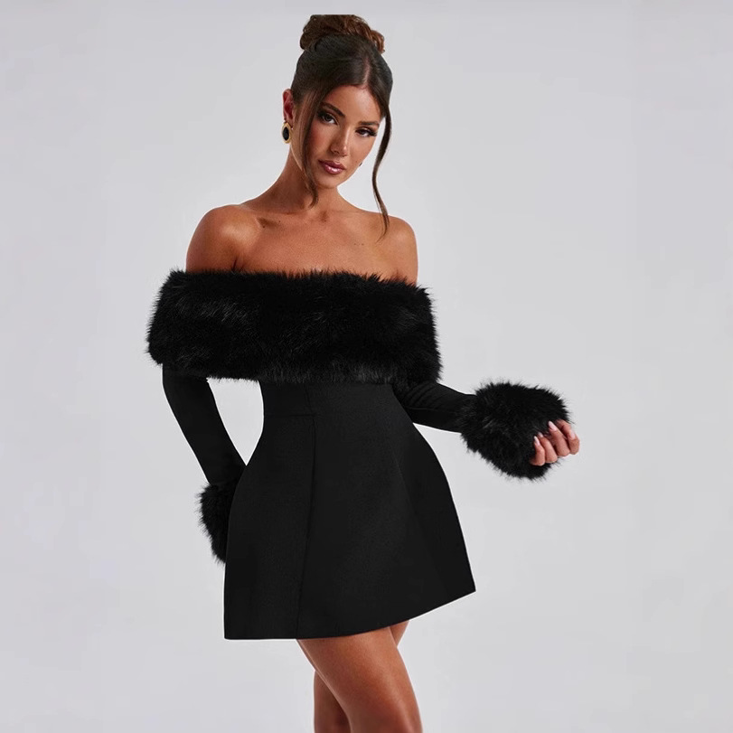 Europa y los Estados Unidos 2024 otoño y invierno nueva moda de mujer transfronteriza temperamento de moda sexy cuello de pelo hombro delgado vestido en forma de A