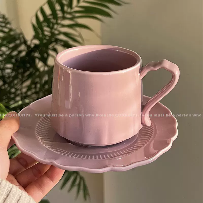 法式陶瓷杯简约下午茶杯马克杯水杯陶瓷杯拿铁拉花杯纯色杯碟