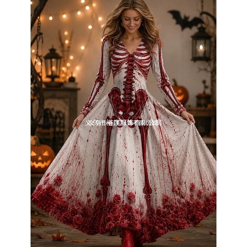 Halloween long dress, A-line skirt, retro bohemian style, regular fit, skull print, long sleeves, V-neck