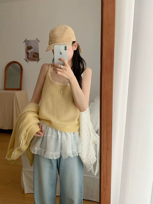 气质软糯蕾丝系带针织吊带开衫套装女2025早秋新款显瘦两件套上衣|undefined