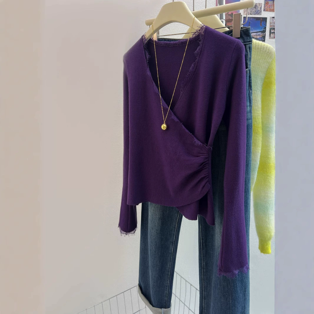 Тонкий фиолетовый свитер с длинным рукавом, женский свитер с мягким разрывом корейской весной 2025 года