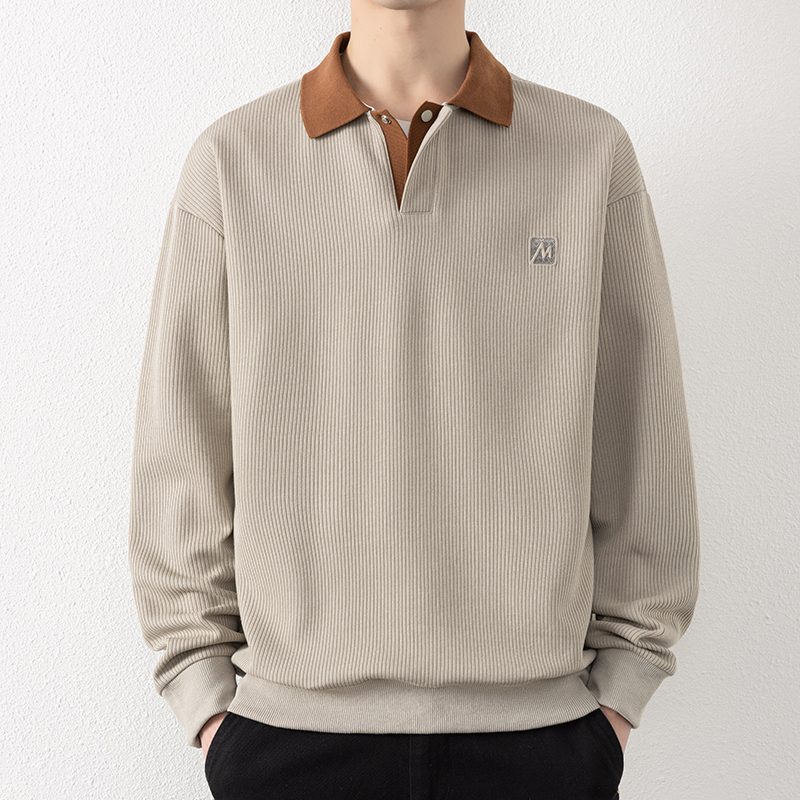 High-End Lapel Sweatshirt for Men in Spring and Autum Trendyy Loose Polo Shirt Long-Sleeved T-Shirt with Collared Bottoming Shirt