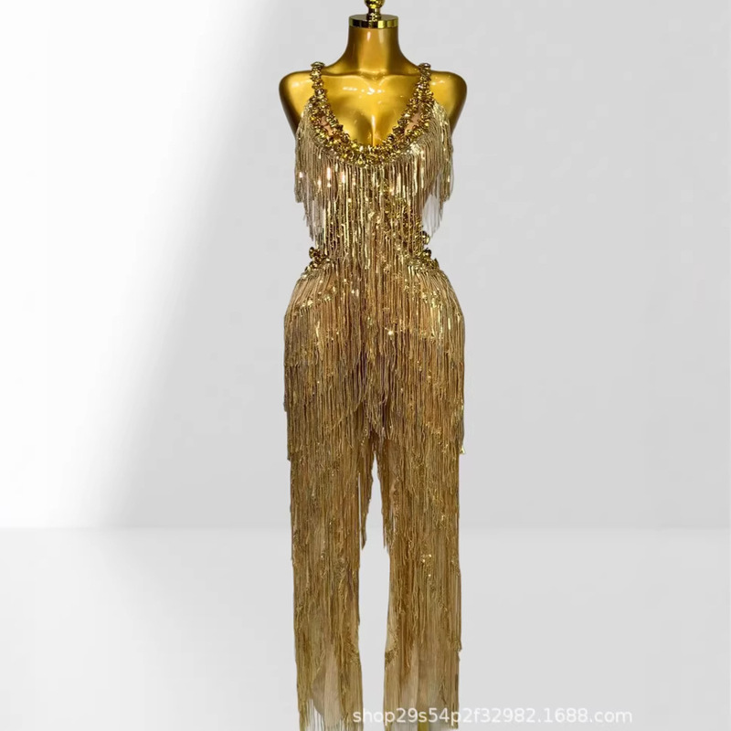 Cross-Border Foreign Trade Rhinestone Sequin Tassel Low-Cut Sleeveless Jumpsuit European and American Party Singer Dancer Performance Dress Cross-Border Foreign Trade Rhinestone Sequin Tassel Low-Cut Sleeveless Jumpsuit European and American Party Singer Dancer Performance Dress