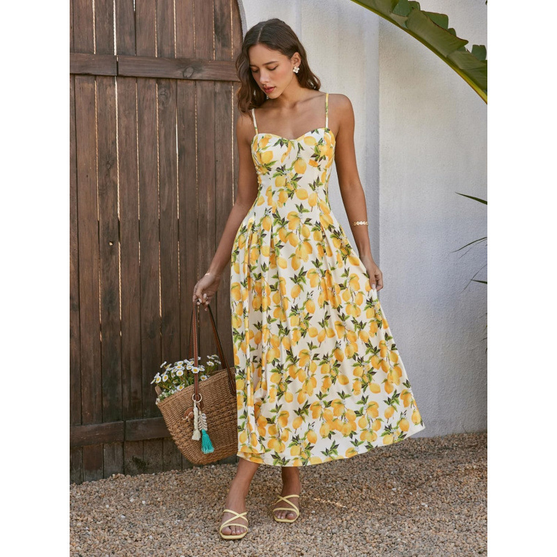 Cross-Border European and American Lemon Print A-Line Square Neck Dress for Women 2026 Summer New Holiday Party Beach Dress