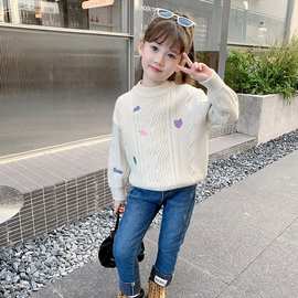 女童保暖毛衣春秋冬新款中大童韩版宽松圆领针织衫百搭休闲套头衫