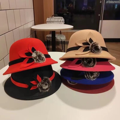 Woolen hat French high-end single-sided woolen pompom spring and autumn British style fisherman hat retro elegant small basin hat