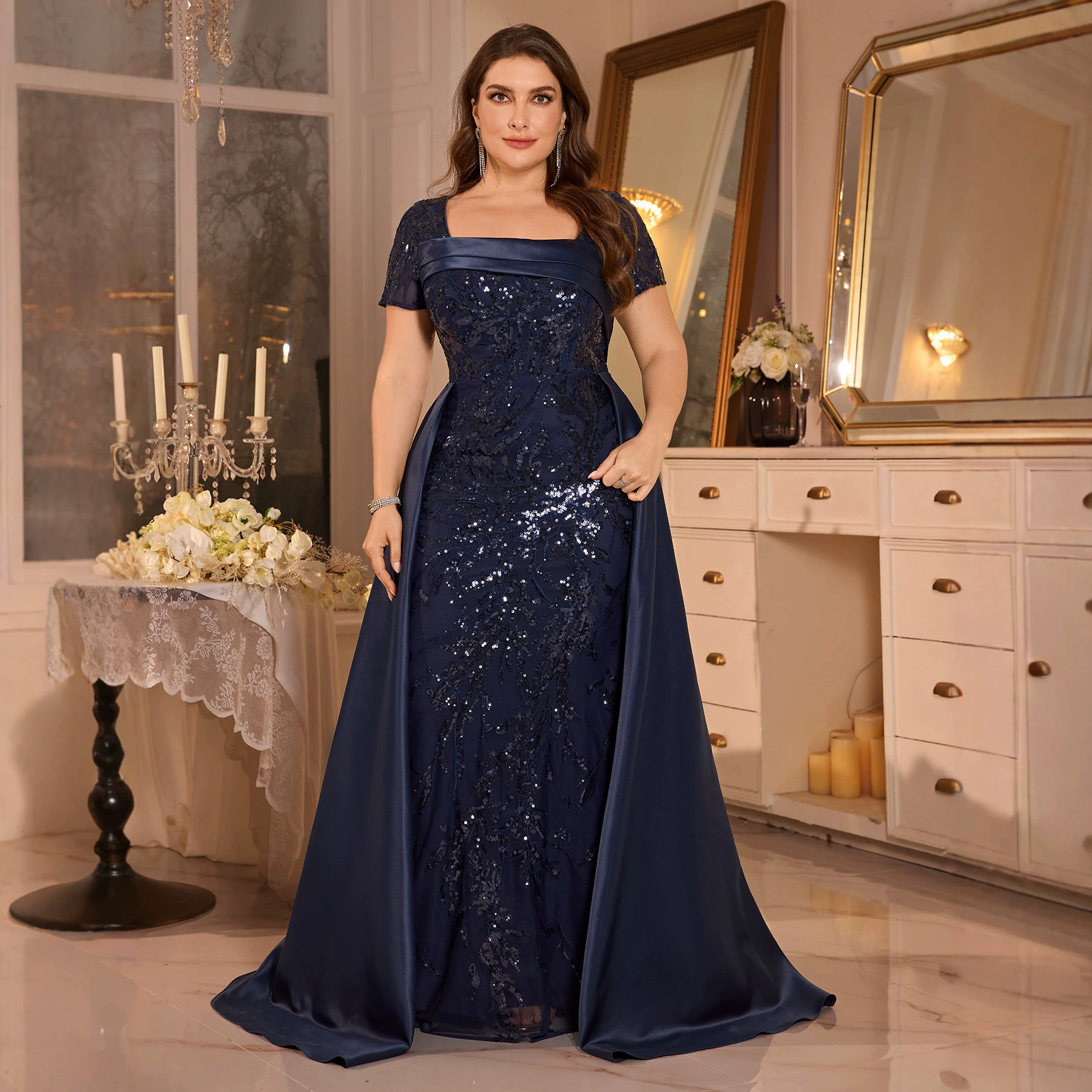Elegant Long Evening Dress European American Style plus Size Square Neck Hand Pleated Sequined A-Line Banquet Dress Satin_ecoleips.com