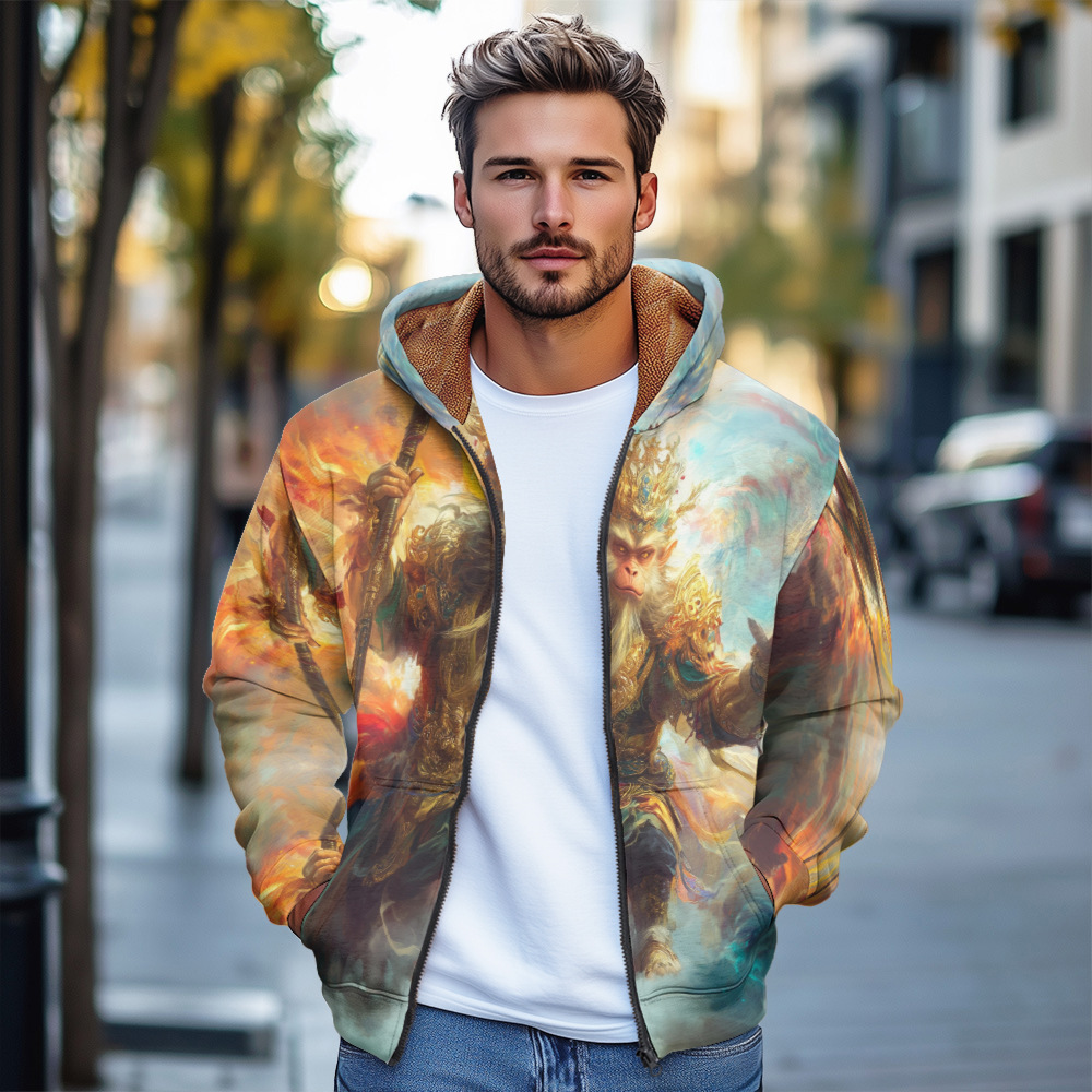 Giacca in cotone spesso con cappuccio e cerniera da uomo, stile europeo stampato, autunno/inverno 2024_voghion.com