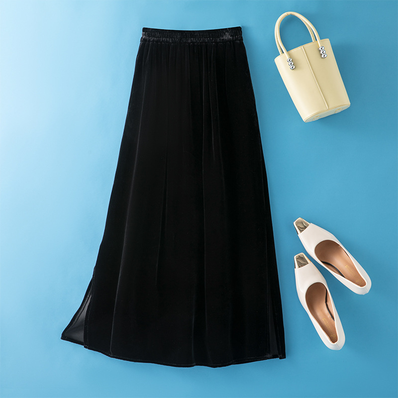 Pocketed Spring and Autumn Fashion Silk Velvet Patchwork High-Waisted Elegant Long Skirt for Women